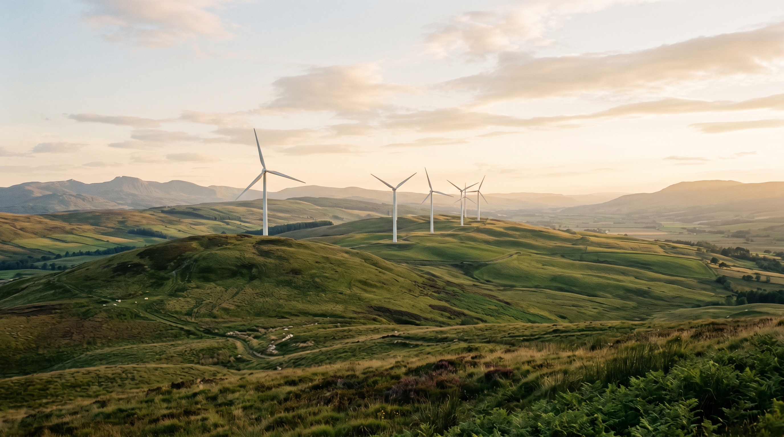 Wind turbines across green UK hills